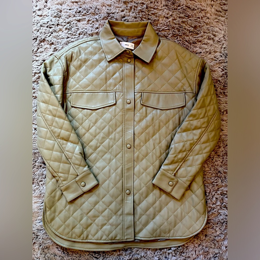 Mango Quilted Overshirt Jacket in Olive Green